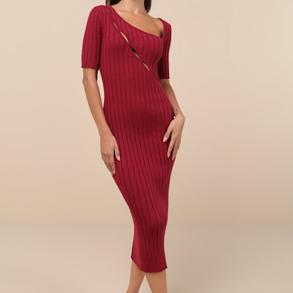 Lulus Flattering Aura Berry Pink Ribbed Asymmetrical Cutout Midi Dress - Size S